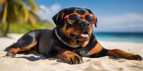 Relaxing Rottweiler with a Sunglass at the beach - Holidays