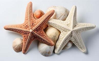 Oceanic starfish duo in varied forms, top-down view, white base, maritime flat lay, shadows, Generative AI, Generative, KI
