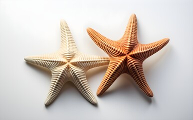Fototapeta na wymiar Top view of diverse starfish duo on a white background, minimal shadows, flat lay composition, marine life, Generative AI, Generative, KI 
