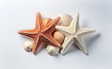 Fototapeta na wymiar Two Starfish and Seashells, High Detail, Isolated on White, Ideal for Commercial, eCommerce, Nature-Themed Graphics, Web Design, Generative AI, Generative, KI 