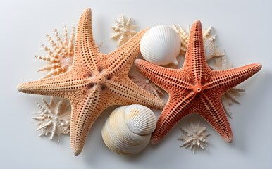 Fototapeta na wymiar Two Sea Stars with Seashells, Authentic Textures, Closeup Photography, Isolated on White Background, Commercial Imagery, eCommerce Essentials, Nature, Generative AI, Generative, KI 