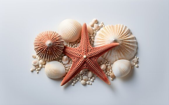 Marine Life in Detail: Two Starfish and Seashells, Isolated on White, Closeup Photography, Ideal for Commercial, eCommerce, Nature Designs, Generative AI, Generative, KI
