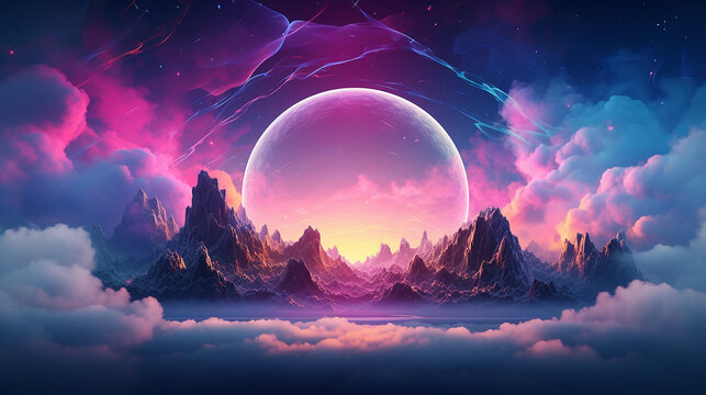 Fantasy landscape wallpaper sky clouds, sphere, in the style of synthwave, 8k, 4k, hd wallpaper