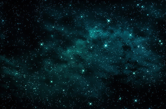 Blue - green background with black stars in a galaxy, in the style of light emerald, luminous atmosphere, atmospheric clouds, dark turquoise and dark crimson, 8k, 4k, hd wallpaper	