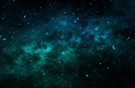Background with stars and clouds in the space, in the style of dark turquoise and dark emerald, otherworldly atmosphere, 8k, 4k, hd wallpaper
