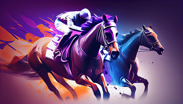 Horse race. Galloping stallions with abstract color background. Equestrian jockey on horseback Ai generated image (4)