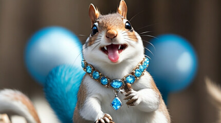 Fototapeta na wymiar white and brown colored squirrel with pendant with sparkling blue stone on its neck signing up for the talent show with an excited expression from distance . Generative Ai