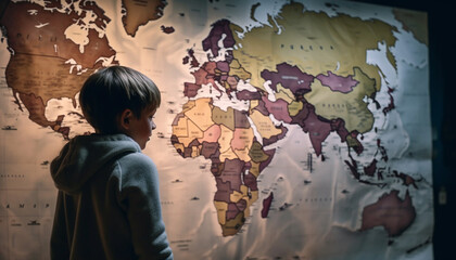 One child standing, learning about global geography generated by AI