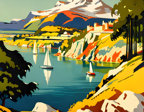 vintage art deco style 1930s travel poster with yachts sailing in a lake in mountain european landscape