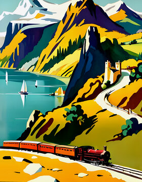 vintage art deco style 1930s railway travel poster with a diesel locomotive train running though a coastal landscape