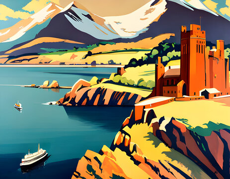 vintage art deco style 1930s travel poster with a ship sailing towards a town in mountain european landscape