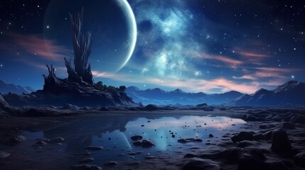 Fantasy landscape with and starry sky.