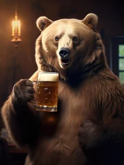 Keuken spatwand met foto Funny cute bear holding a mug of golden beer © Veniamin Kraskov