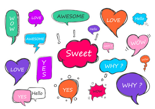Speech bubble colorful set. Yes, Wow, Love, Why, Awesome, Hello, Sweet. Retro empty comic bubbles and elements with black halftone shadows. Hand drawn doodle. Vector illustration, EPS 10.