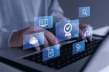 Naklejka premium The certification concept meets the requirements and standards. Businessman and quality assurance icon on virtual screen Standard Certification