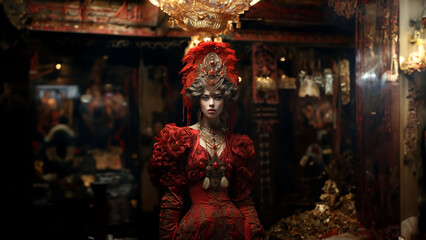 Fototapeta na wymiar Elegante Frau im spanischen roten Kleid im Schatten und hellen Lichter im Hintergrund, ai generativ