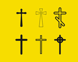 Set of cruciform icons, christian crosses isolated on background. Hand drawn icons of christian and catholic crosses in flat design.