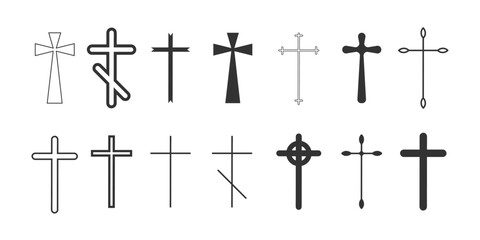 Set of cruciform icons, christian crosses isolated on background. Hand drawn icons of christian and catholic crosses in flat design.
