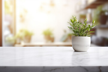 Fototapeta premium White marble table background, Shelf for living room mockup, White marble tabletop over blur perspective restaurant with bokeh light background