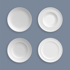 Set of white plates, bowls, dishes. Kitchen utensils, plate and dish clean for the kitchen, china. Glassware element abstract concept graphic. Cookware design element.