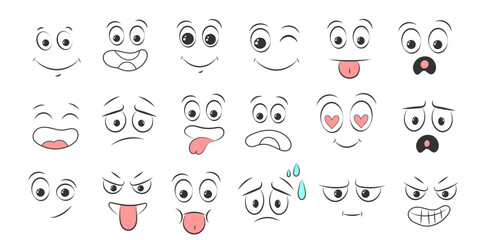 Collection memes.Set of emoticon hand drawn pattern.Different eyes, mouth, eyebrows.Doodle face, smile, happy, sad,shock, bored, sick, vomit,scream, joy, cry.Manga cartoon style. Vector illustration - obrazy, fototapety, plakaty