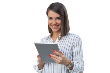 Portrait of young businesswoman looking at camera, holding touch pad while standing on a transparent background