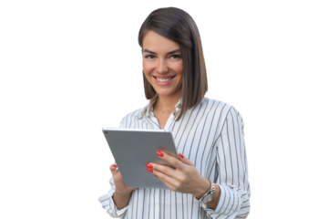 Portrait of young businesswoman looking at camera, holding touch pad while standing on a transparent background
