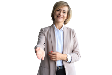 Business woman with an open hand ready for handshake on a transparent background