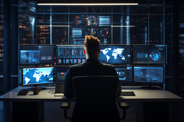 In the System Control Room Technical Operator Sits and Monitors Various Activities Showing on Multiple Displays with Graphics. Responsibility for Information Security in the Company Concept