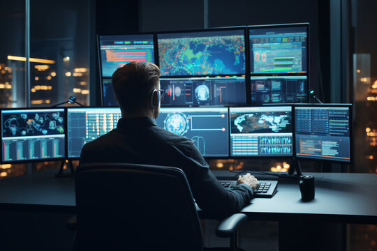 In the System Control Room Technical Operator Sits and Monitors Various Activities Showing on Multiple Displays with Graphics. Responsibility for Information Security in the Company Concept