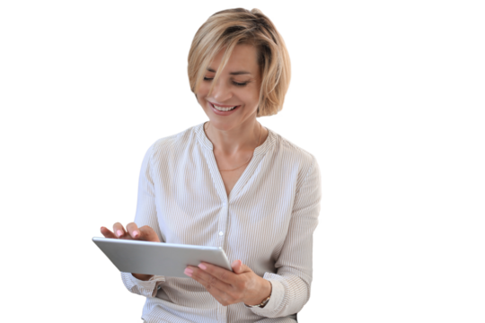 Cheerful middle aged woman standing using computer tablet apps, looking at screen, reading good news in social network, shopping or chatting online on a transparent background. - Powered by Adobe