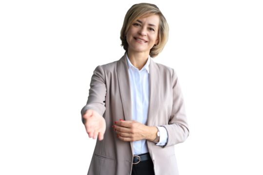 Business woman with an open hand ready for handshake on a transparent background