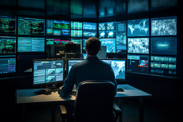 In the System Control Room Technical Operator Sits and Monitors Various Activities Showing on Multiple Displays with Graphics. Responsibility for Information Security in the Company Concept
