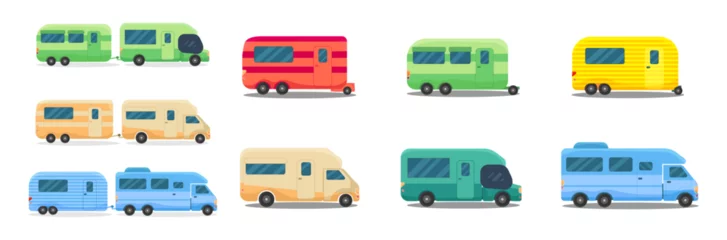 Poster Caravan, camper trailer for summer holiday travel, camping in campervan. RV, recreational vehicle, van, home on wheels and chairs in nature. © Little Monster 2070