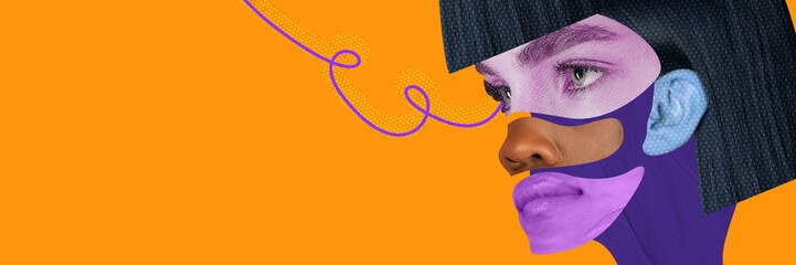 Human face created with different part of male and female faces of various age and race. Being unique. Contemporary art collage.