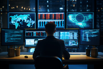 In the System Control Room Technical Operator Sits and Monitors Various Activities Showing on Multiple Displays with Graphics. Responsibility for Information Security in the Company Concept