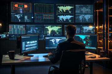 In the System Control Room Technical Operator Sits and Monitors Various Activities Showing on Multiple Displays with Graphics. Responsibility for Information Security in the Company Concept