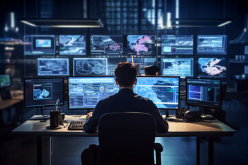 Obraz na płótnie Canvas In the System Control Room Technical Operator Sits and Monitors Various Activities Showing on Multiple Displays with Graphics. Responsibility for Information Security in the Company Concept