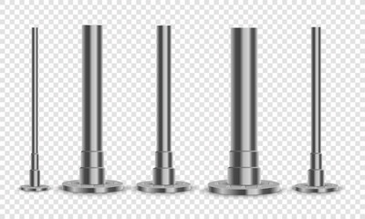 Metal pole bolted on square base. Set of metal poles with different diameters. Steel footings for road sign, banner or billboard.