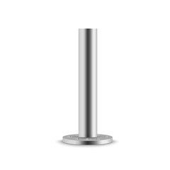 Metal pole bolted on square base. Set of metal poles with different diameters. Steel footings for road sign, banner or billboard.