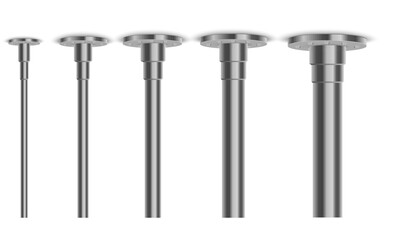 Realistic metal poles. Silver metal vertical pillars, glossy aluminum construction pole. Metallic bearing column vector illustration set. Silver steel glossy, billboard and streetlight, construction