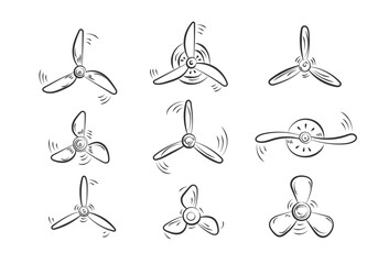 Airplane propellers and motor blades. Fan speed icon vector set. Propeller speed symbol illustration