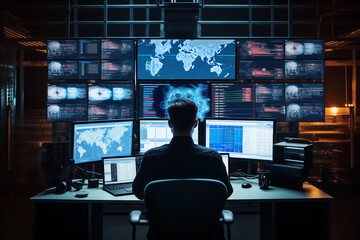 Fototapeta premium In the System Control Room Technical Operator Sits and Monitors Various Activities Showing on Multiple Displays with Graphics. Responsibility for Information Security in the Company Concept