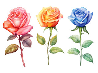 Collection of vintage roses with branch. Colorful watercolor pink, yellow and blue flowers with green leaves illustration set. Generative AI