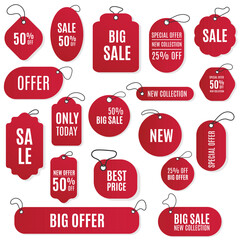 Design Price Tag Label Red With Various Shape. pecial offer or shopping discount label. Retail paper sticker. Promotional sale badge with text. Vector