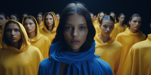 Traurige Frau mit blauer Kaputzenjacke und im Hintergrund viele Menschen in gelber Kaputzenjacke anders als andere, ai generativ