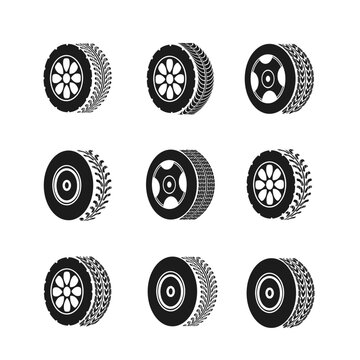 Tire change car service. Car tires and tracks on a white background. Motocross, bike path, car track or auto racing. Realistic composition. Vehicle icon - minimum symbol.