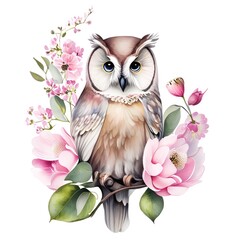 owl on a branch with flowers