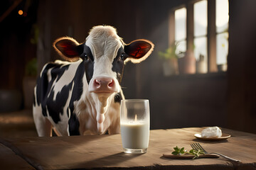 Dynamic depiction of a cow with a lively milk splash, generative ai.