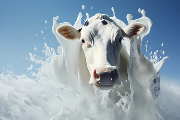 Dynamic depiction of a cow with a lively milk splash, generative ai.